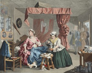 Egy szajha fejlődése, lll. tábla: Egy bíró elfogta, illusztráció a „Hogarth Restored: The Whole Works of the híres William Hogarth, újrametszett Thomas Cook” című könyvből, pub. 1812 (kézszínű
